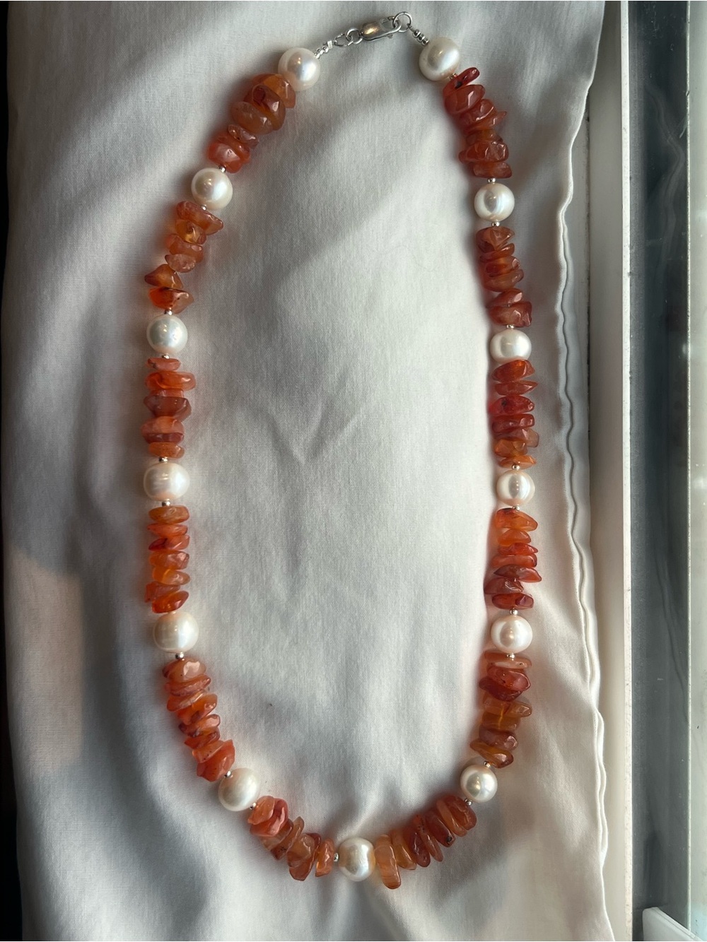 Carnelian and fresh water pearl sterling silver necklace